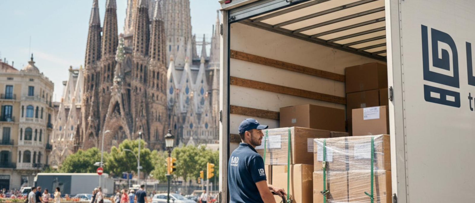 Repartidor de LAD Transport con un camión cargado de palets y la Sagrada Familia de Barcelona al fondo