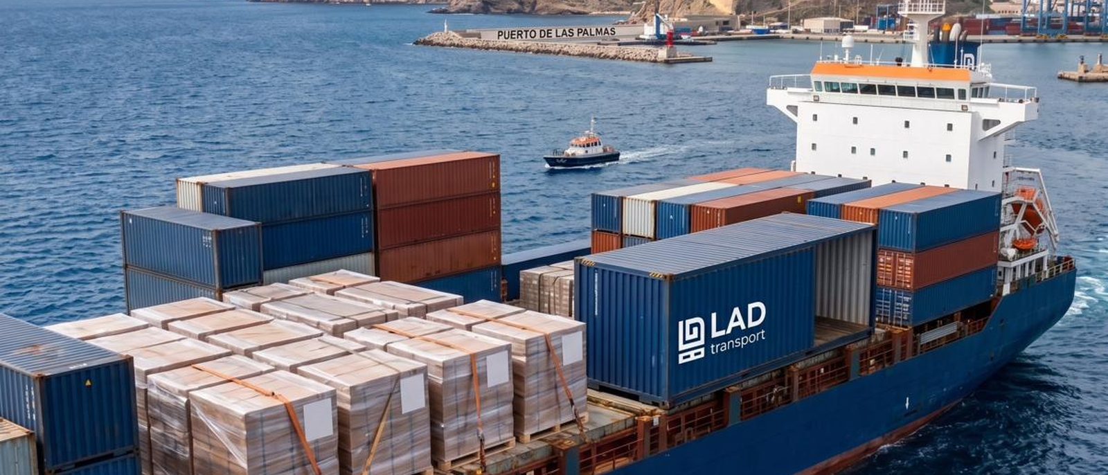 Barco de carga con palets de LAD Transport rumbo a Canarias