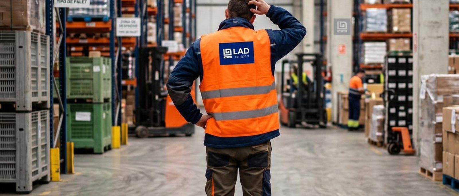 Operario de LAD Transport comparando un palet europeo y uno americano